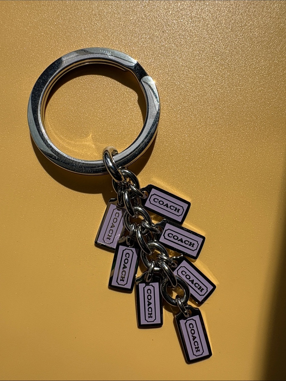 Coach Purple Enamel Tag Keychain with Silver Ring